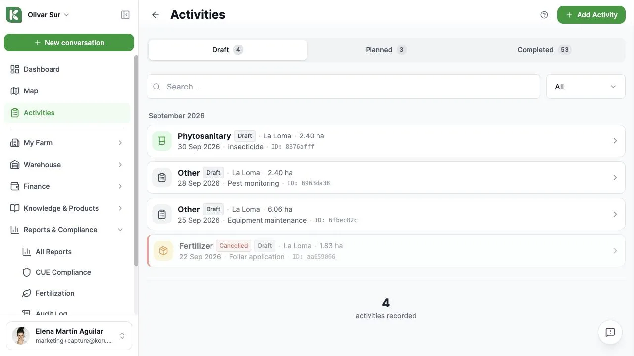 The activities list
