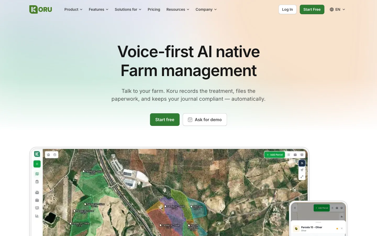The koru.farm home page