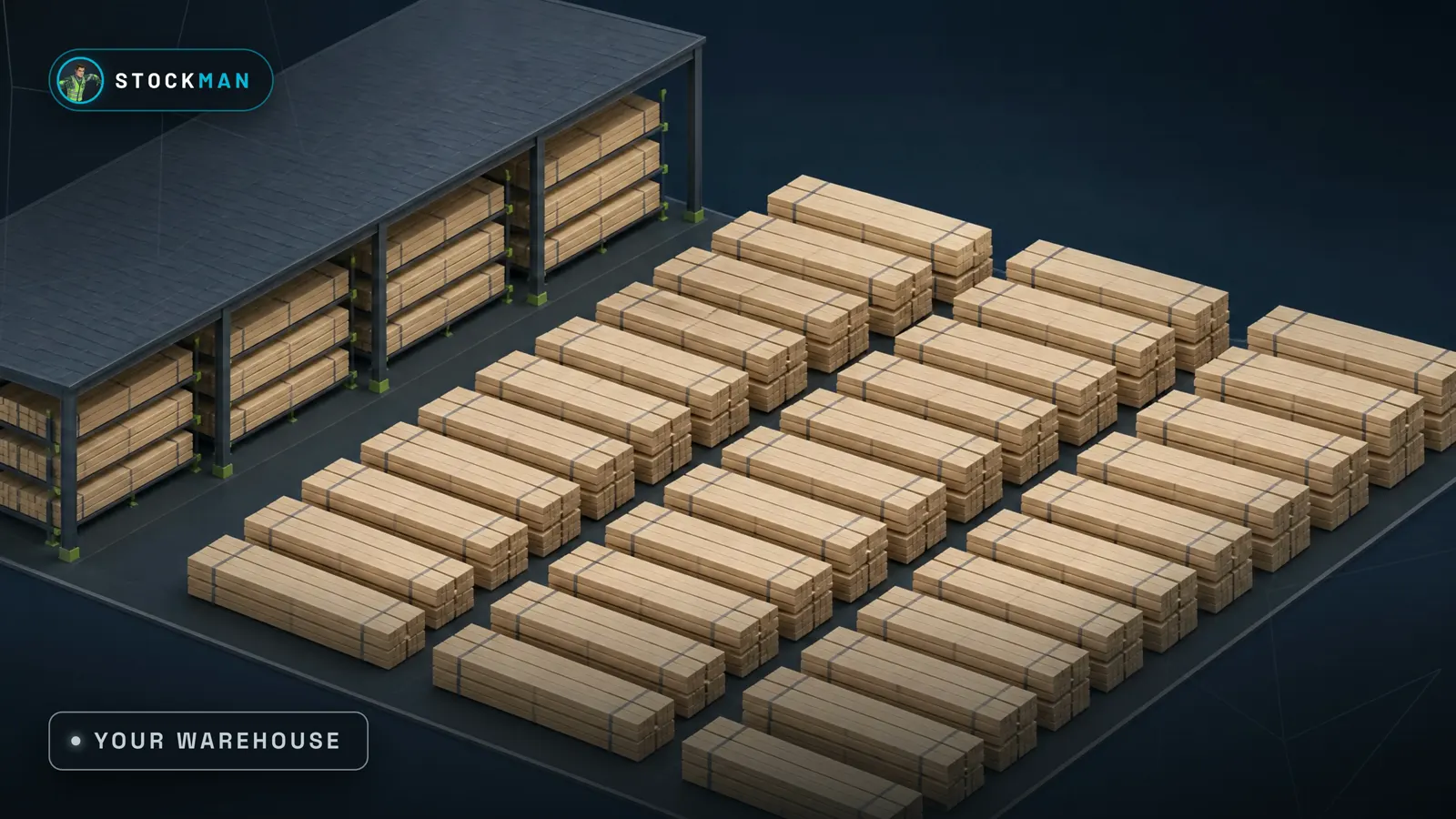 A generated warehouse scene from the Stockman film