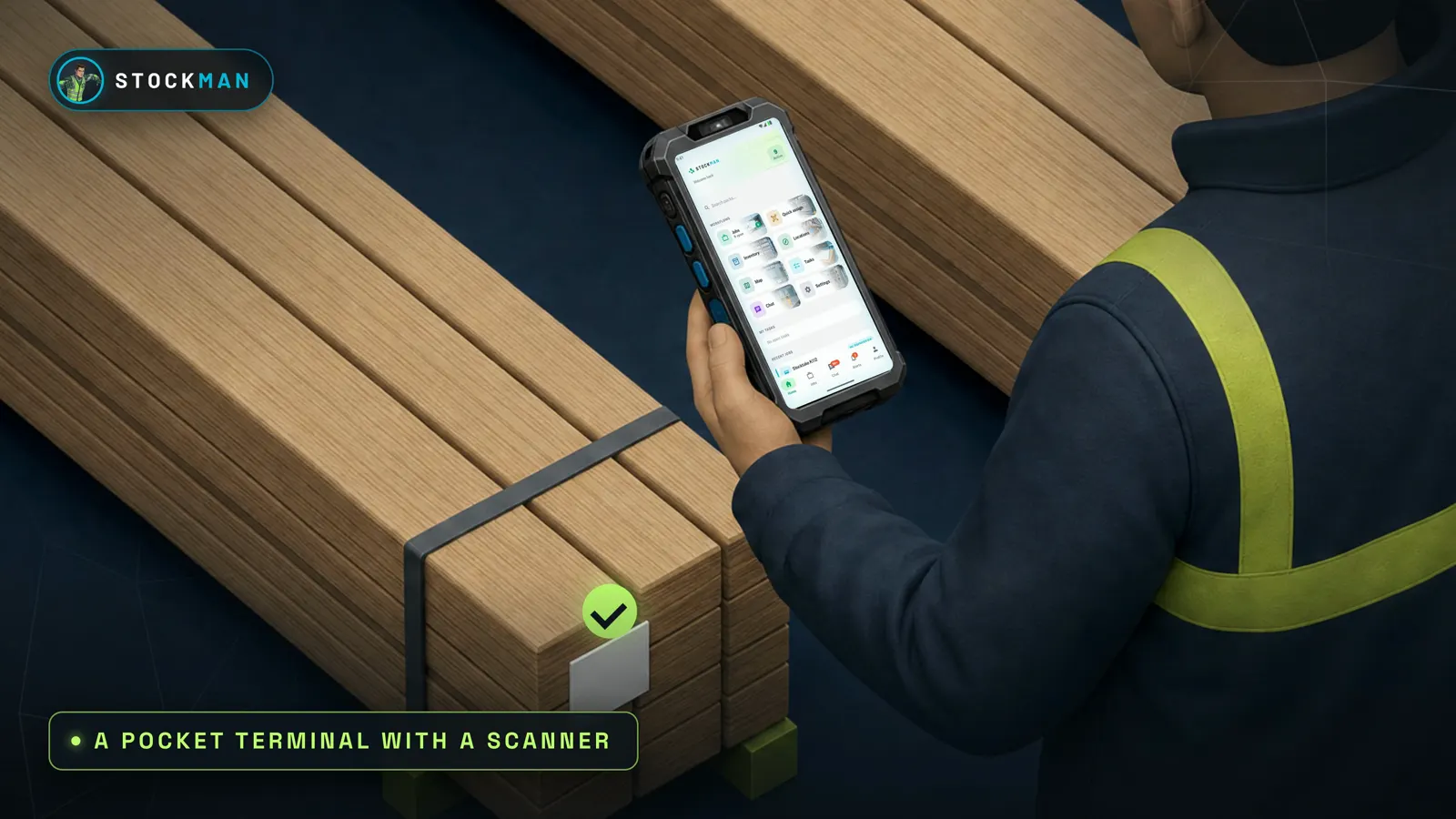The pocket terminal scanning a pack, from the Stockman film