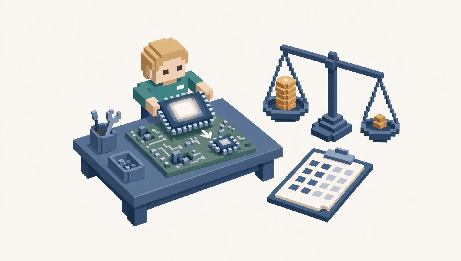 A voxel engineer swaps a big processor chip for a small one, beside a scale with a tall and a tiny stack of coins