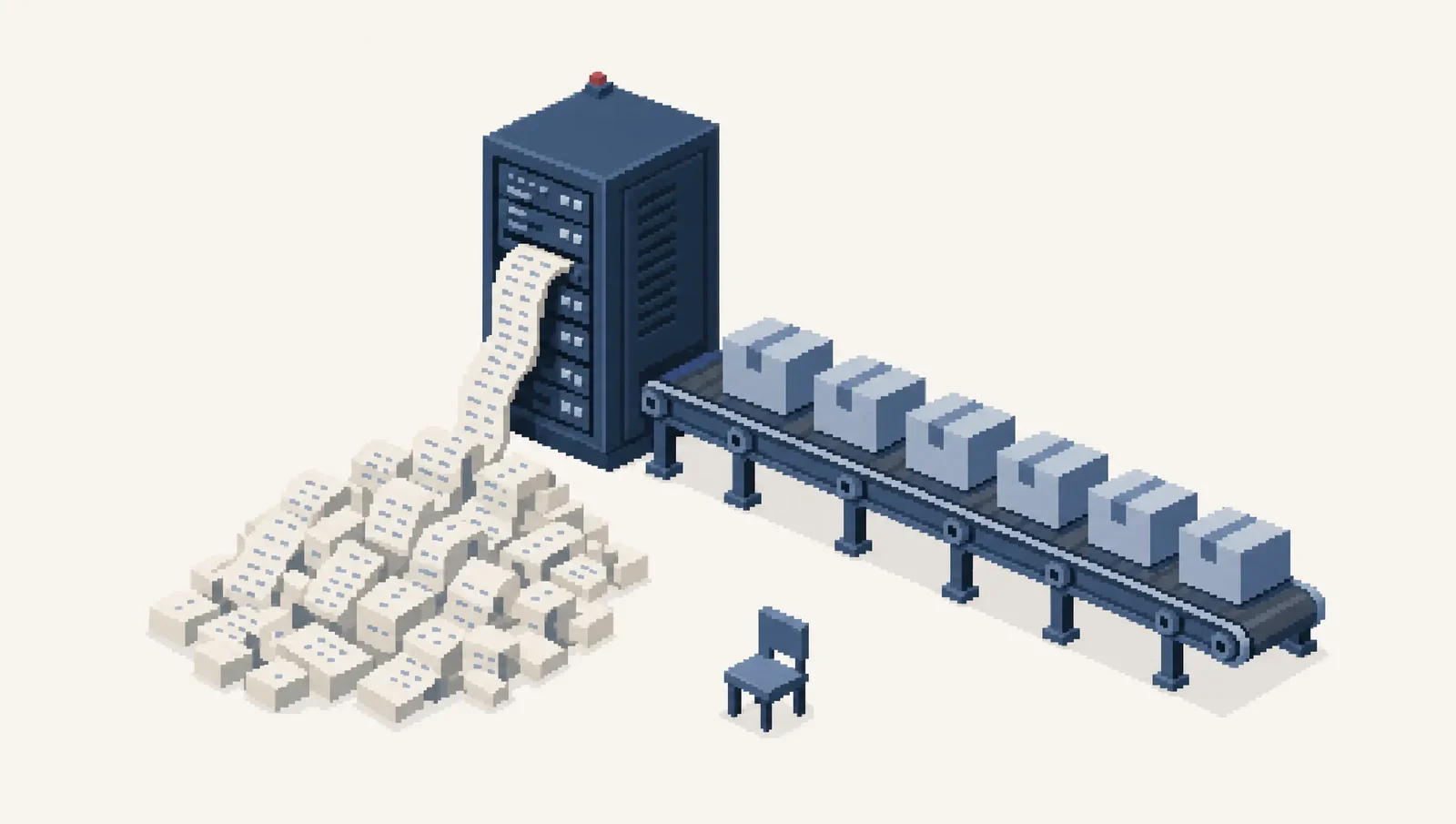 A server rack prints an endless receipt onto the floor beside a conveyor of identical boxes and an empty chair